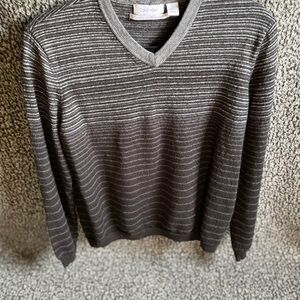 Calvin Klein Charcoal and Light Gray Striped V-Neck Sweater